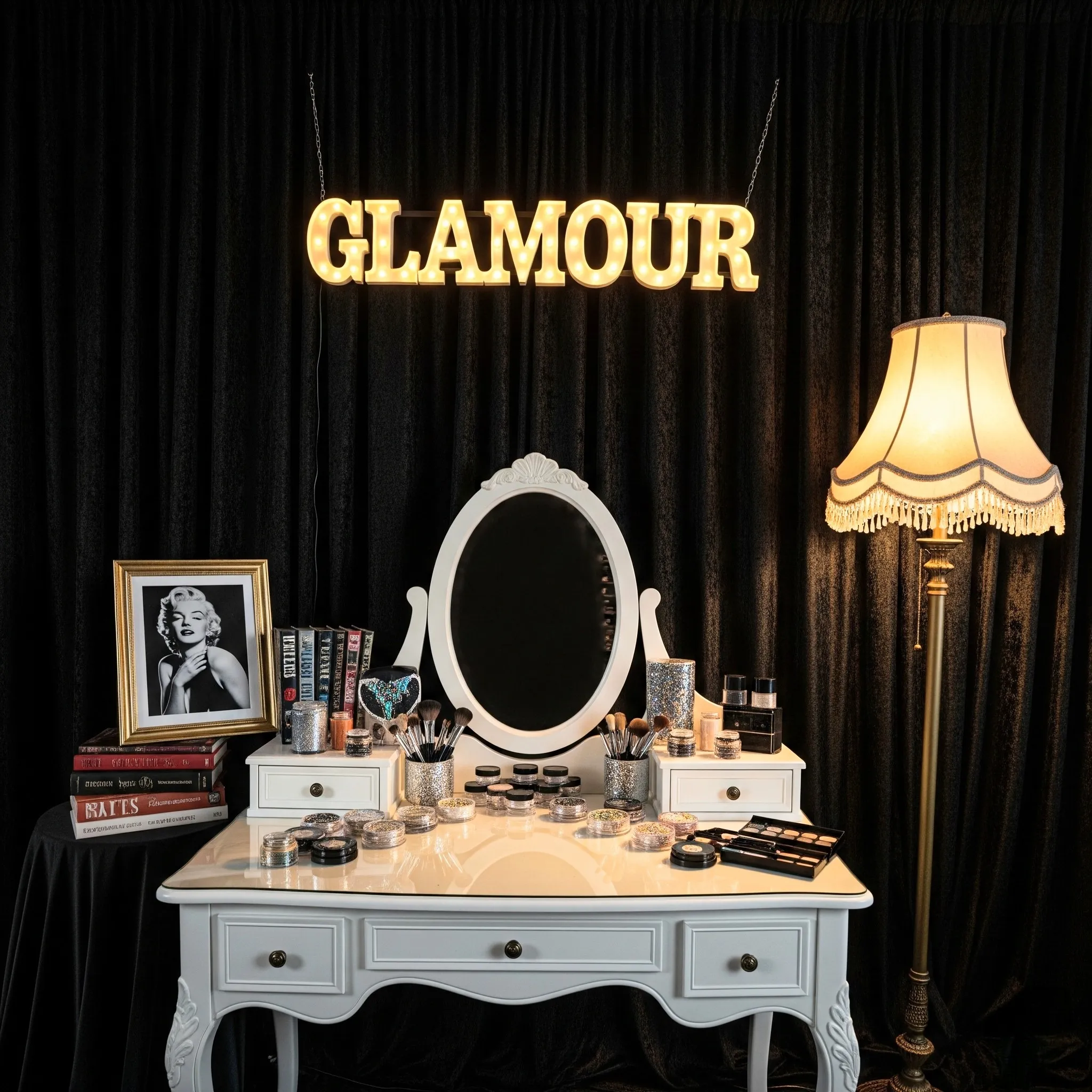 Tocador del Glitter Bar con espejo, lámpara y letras luminosas "Glamour"