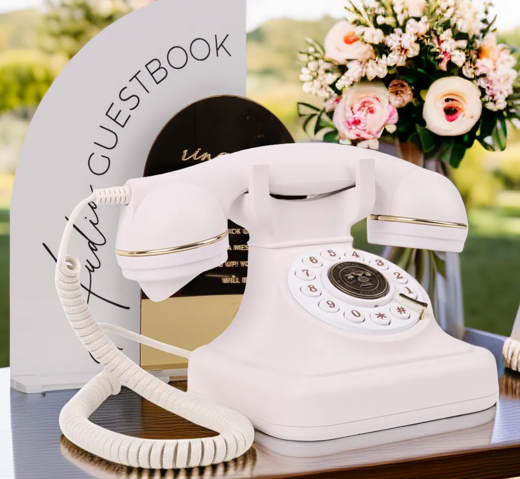 Teléfono vintage blanco para grabar dedicatorias por voz